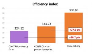 Efficiency index obtained in the control group and in the group supplemented with cimenol ring and comparison to the one obtained in previous cycles.