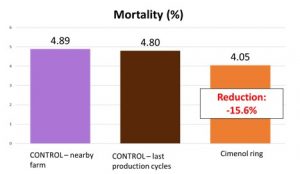Mortality (%) in both control groups and in the farm supplemented with cimenol ring.