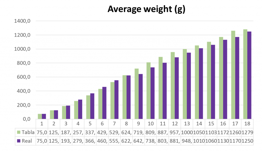 Chart 1. Average weight (g) of the treated flock (“REAL”, in purple) and breed standard (“TABLA”, in green) during the growing and rearing period.